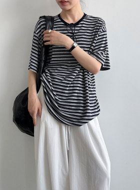 鹿西 撞色条纹宽松休闲T恤女26夏季新韩系百搭基础短袖上衣21072