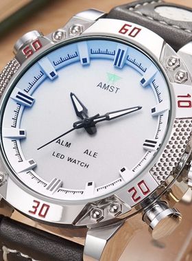 AMST新款男士大表盘多功能男表LED双显冷光电子防水时尚学生手表