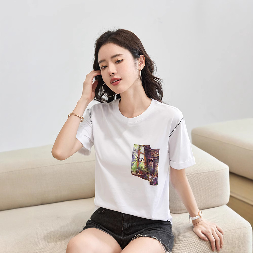 印花错位口袋韩版落肩袖鱼骨纹绣花百搭休闲潮女装短袖T恤衫