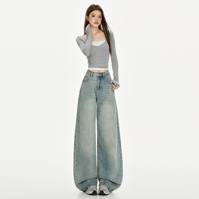 【kk】复古蓝猫须浅蓝做旧水洗牛仔裤女美式宽松阔腿直筒裤