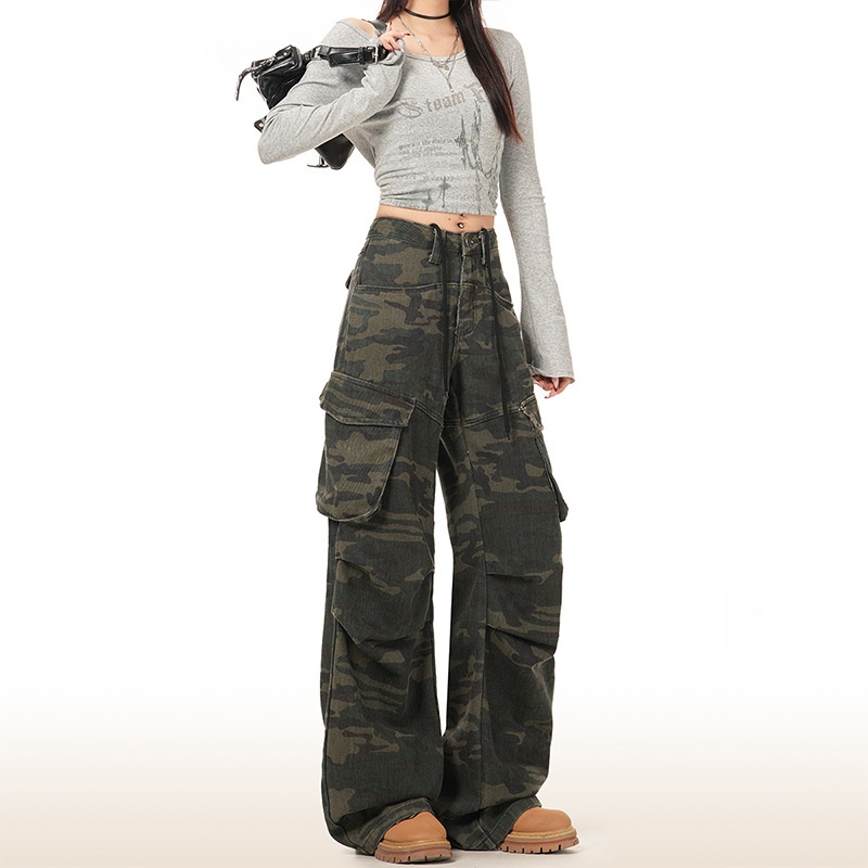 【Wild】街头百搭｜时髦工装风｜迷彩工装微喇叭牛仔裤女街头百搭