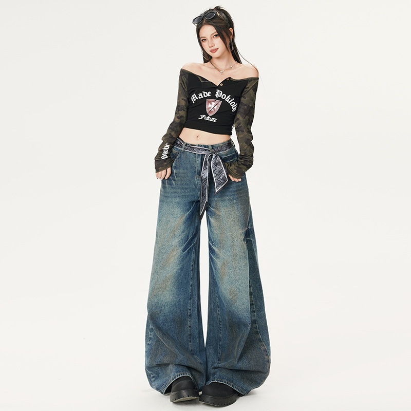 2025秋冬新款辣妹风阔腿裤时尚潮流直筒裤女装牛仔裤女依春图案