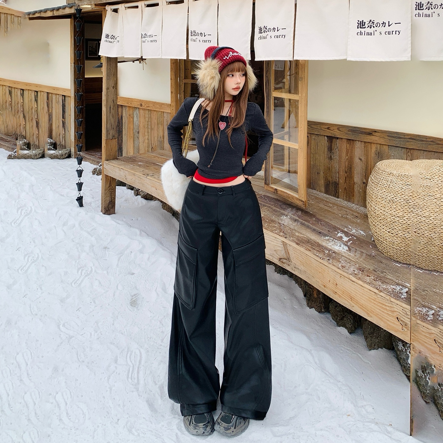 YC&美式复古宽松阔腿百搭秋冬垂感皮裤新款工装裤直筒休闲裤女