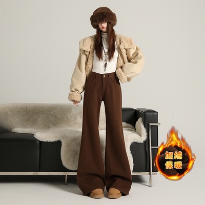 加绒保暖棉卡其宽松微喇不贴腿牛仔裤女美式复古中低腰显高显瘦