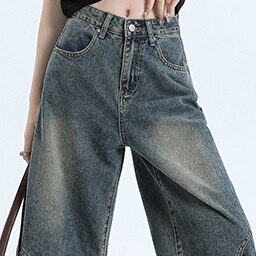 怀旧蓝牛仔六分阔腿裤女2025春季新款设计感倒装设计裤子女士