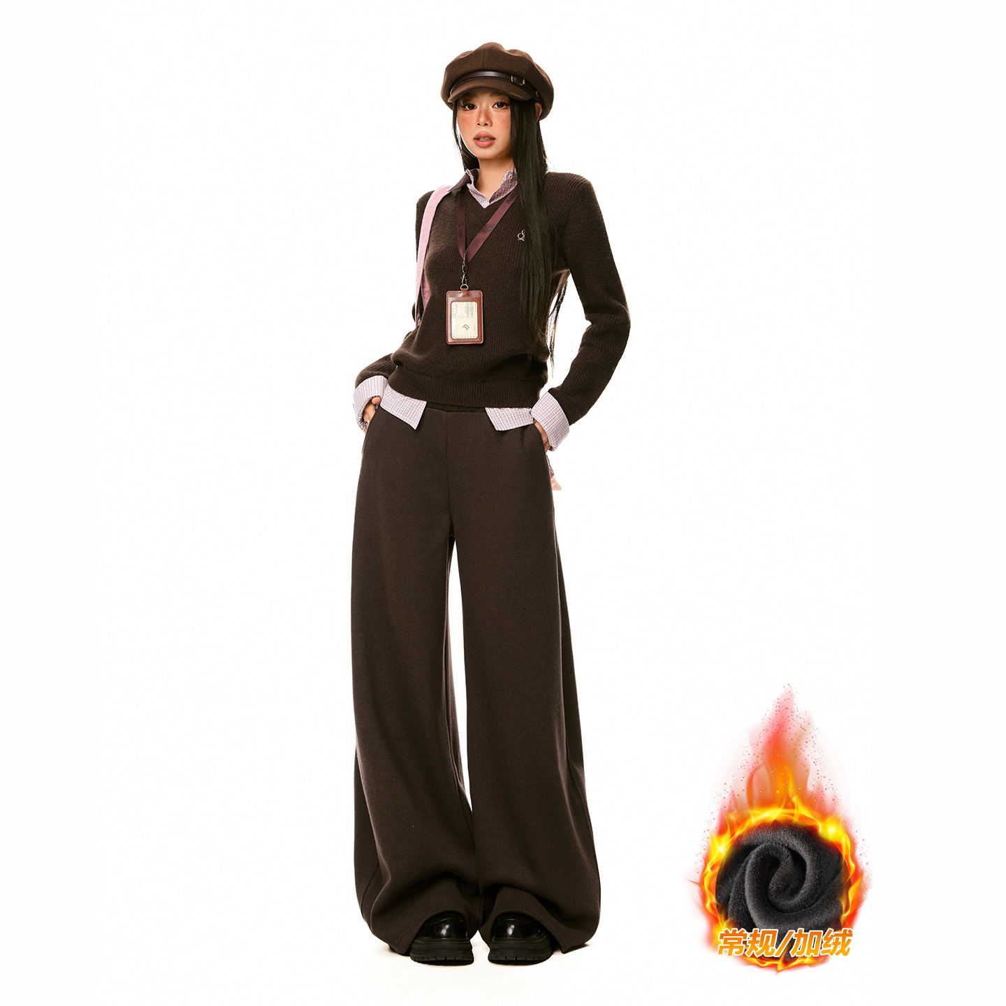 25th ootd!｜美式复古高腰显瘦阔腿裤新款加绒休闲卫裤黑色咖啡