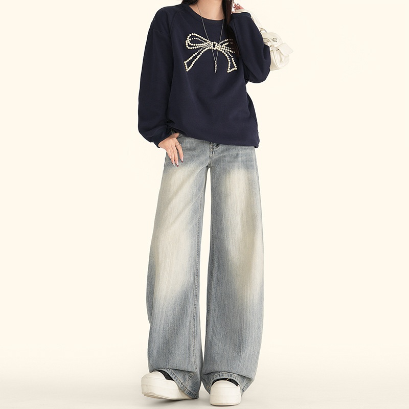 【d22】街头百搭｜简单｜秋冬潮女街头弯刀牛仔裤浅蓝长裤