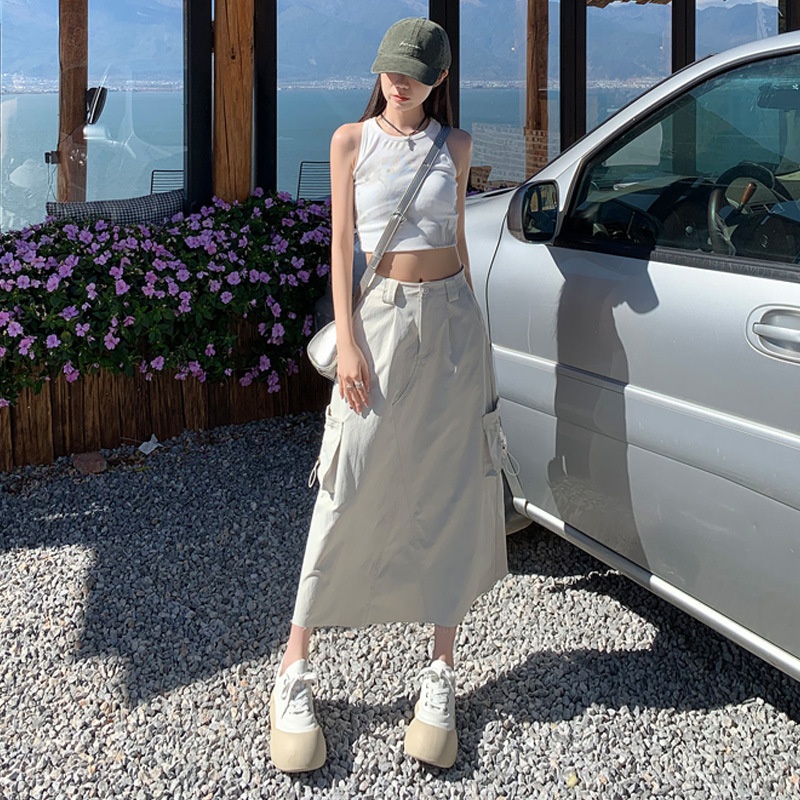 美式复古工装半裙2025新款爆款中长款小个子裙子杏色灰色雪尼尔