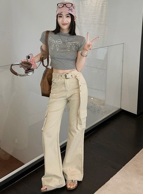 长裤/加长 Mike&灰色微喇工装牛仔裤女2025冬季腰带多口袋拖地裤