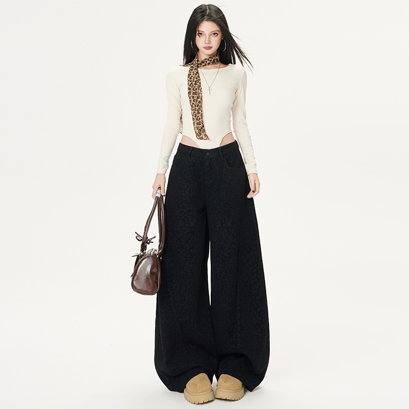 2025秋冬新款辣妹时尚复古风潮流宽松弯刀裤阔腿裤豹纹休闲女装