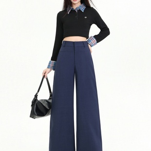 藏蓝色雅痞老钱风复古直筒西裤女高腰显瘦微喇休闲裤长裤&加长