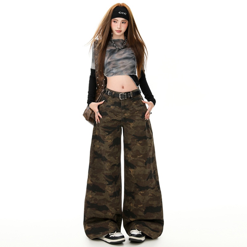 2025秋冬新款辣妹风阔腿裤印花迷彩时尚潮流直筒裤女装休闲裤