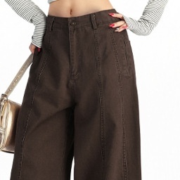女直筒显瘦宽松阔腿长裤 复古辣妹分割牛仔裤 咖色美式 6605新款