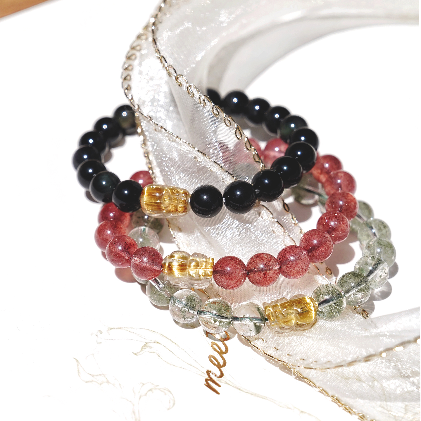 金发晶貔貅 钛晶天然绿幽灵手链黄水晶草莓晶月光石黑曜石手串 女