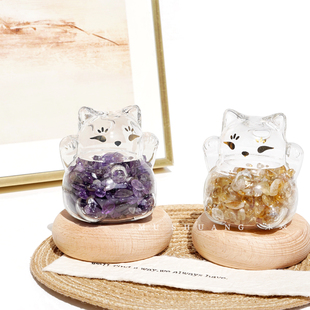 水晶原石摆件天然黄色白粉紫消磁石净化办公室招财猫黑曜石海蓝宝