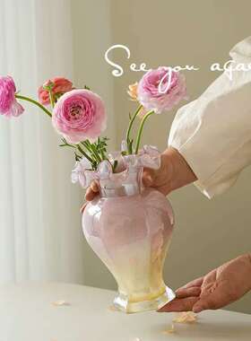 侘寂风中古玻璃花瓶感摆件水培鲜花插花装饰餐桌家居简约花器