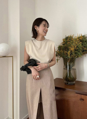 特惠!!!CLANE 松本 人造丝和棉混纺 百搭圆领弧形 无袖衬衫