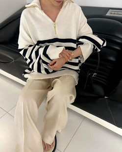 Deuxieme引入~棉和聚酯混纺 宽大条纹  宽松ZIP 拉链外套 白底色2