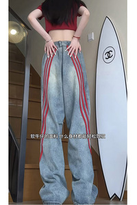 春季新款美式高街织带条纹拼接牛仔裤女生潮流宽松直筒长裤 KZ35图片