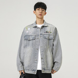 秋季新款美式高街刺绣牛仔外套男士潮流宽松帅气夹克外套537P95，男装工装外套，电商B203-1