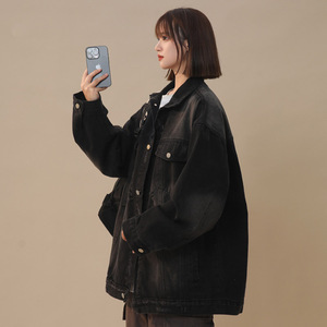 春季新款美式高街破洞牛仔外套女夹克复古水洗潮流宽松上衣JK52