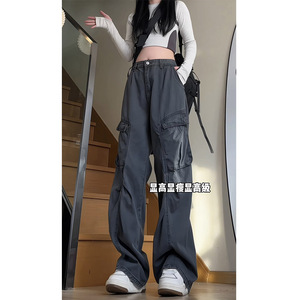 春季美式高街大口袋工装休闲裤女生潮流宽松阔腿褶皱长裤子 D8339图片