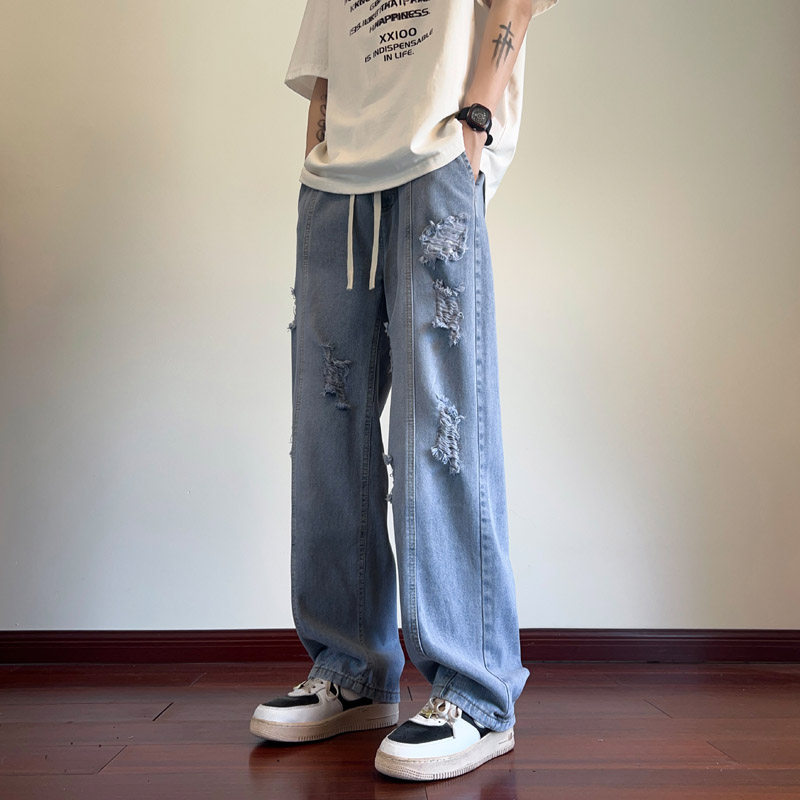 夏季新款美式高街破洞牛仔裤男潮流宽松直筒长裤子KZ30特P45,男装牛仔裤,电商B203-1