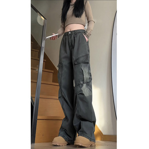 春季美式高街大口袋工装休闲裤女生潮流宽松阔腿褶皱长裤子 D8339图片