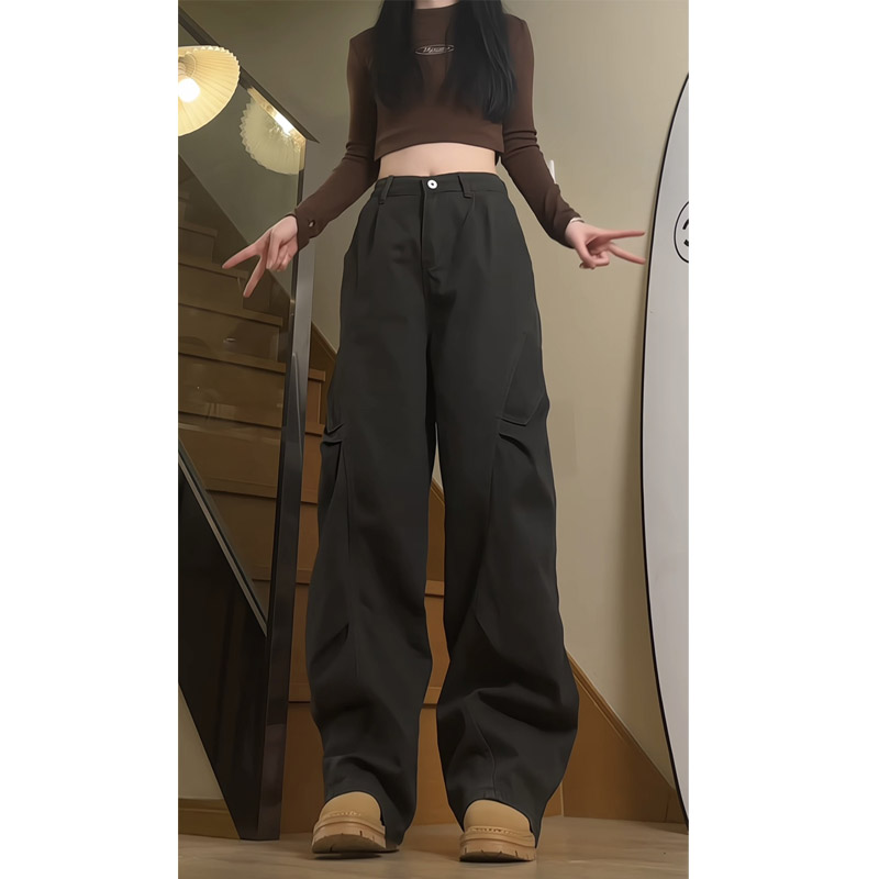 春季新款美式高街复古褶皱工装裤女宽松直筒休闲长裤D239特P48,男装工装外套,电商B203-1