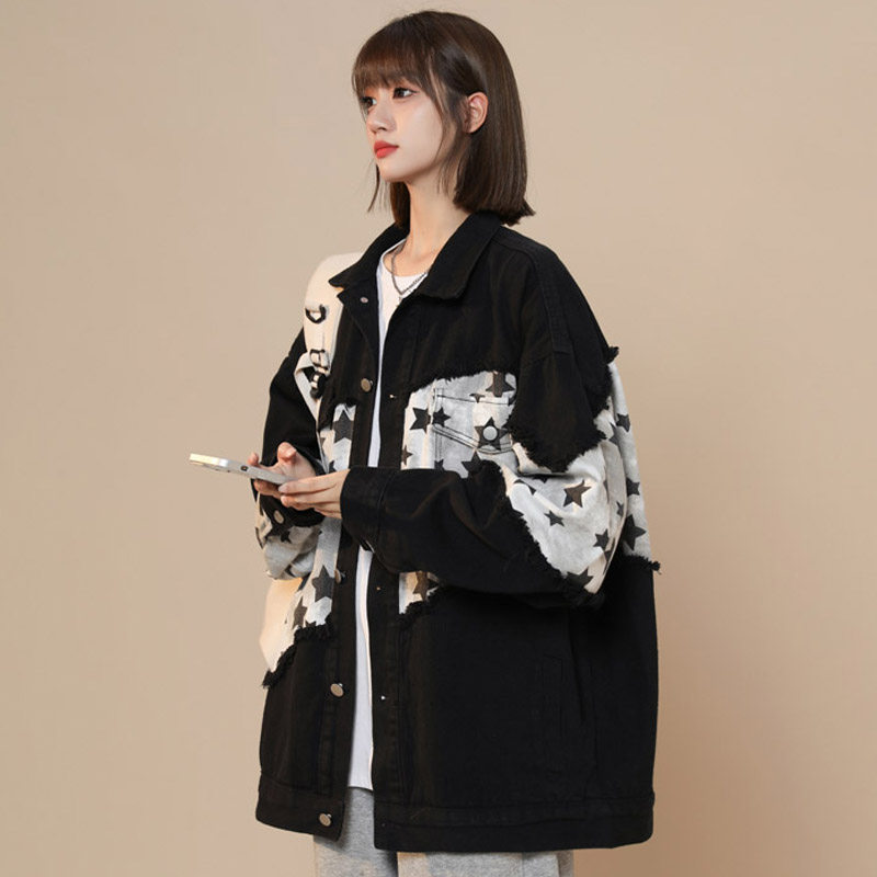 春季新款五角星撞色拼接夹克女牛仔外套潮流上衣 JK33 P90图片