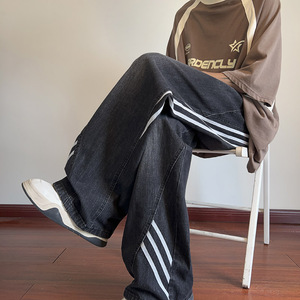 春季新款美式高街撞色条纹织带牛仔裤男士潮流宽松直筒长裤 D420图片