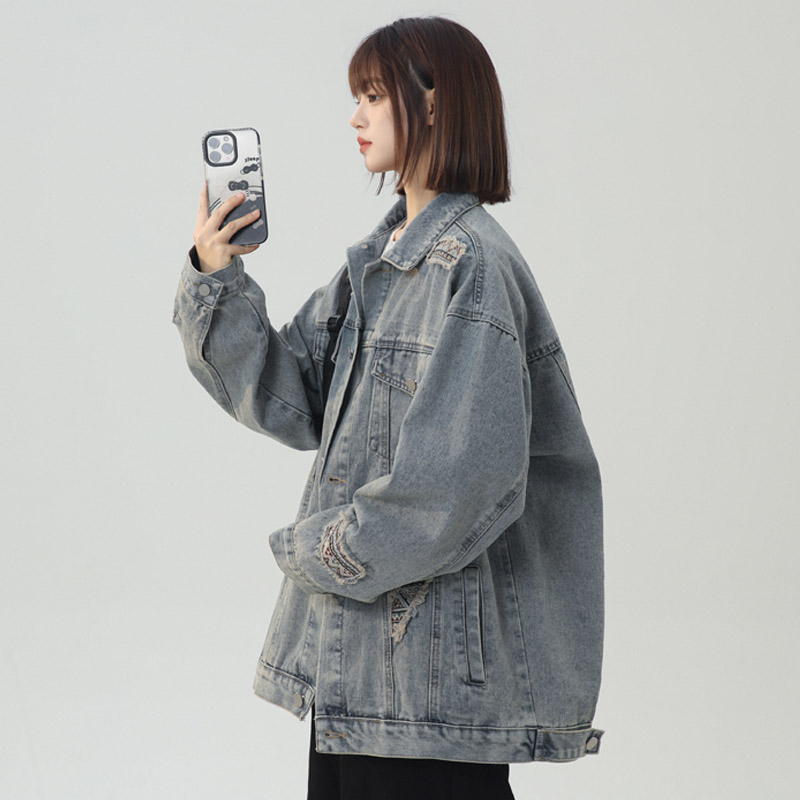 春季美式高街复古破洞牛仔外套女夹克潮流宽松百搭上衣 JK60 P95图片