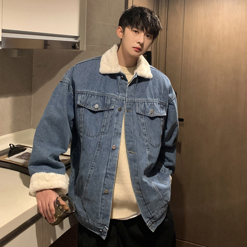 冬季新款港风仿兔毛牛仔棉衣男潮流宽松加绒加厚夹克外套MY66，男装夹克，电商B203-1