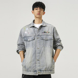 秋季新款美式高街刺绣牛仔外套男士潮流宽松帅气夹克外套537P95，男装工装外套，电商B203-1