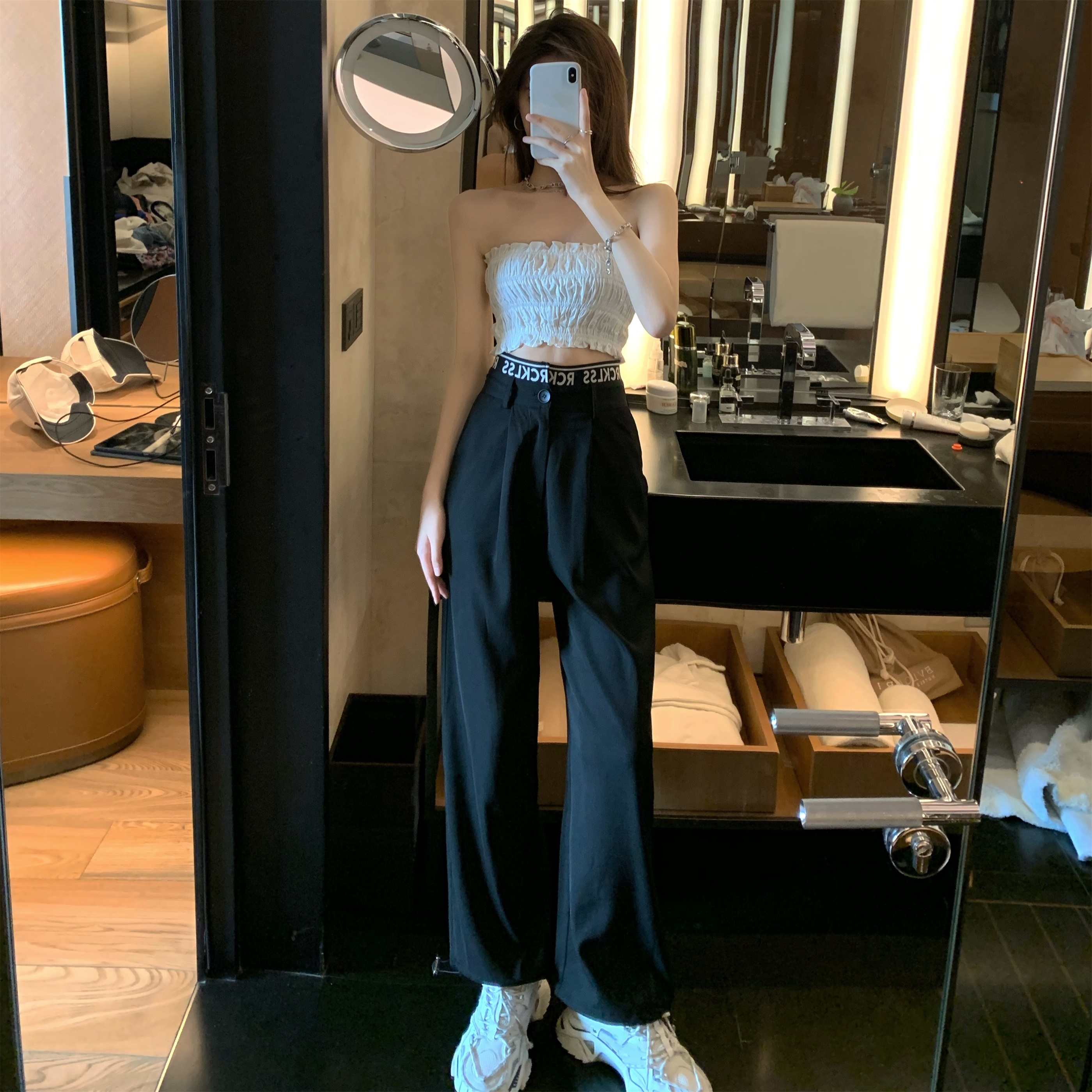 Real price design letter high waist drawstring Leggings casual pants show thin loose wide leg pants for women