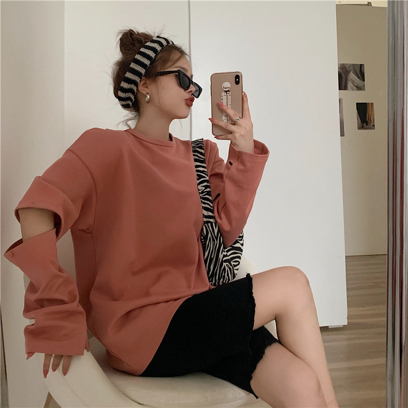 Real shot and real price design sense of perforated long sleeve sweater women's instrendy Slouchy loose Pullover crew neck top