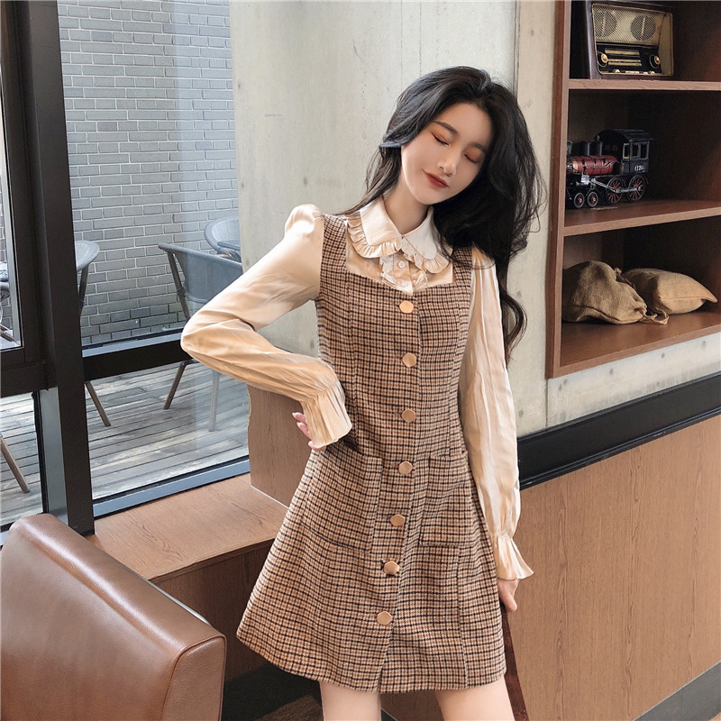 Real price fake two long sleeve shirt Plaid Dress