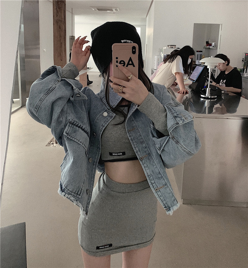 Real shot real price retro loose short denim jacket women's slim open navel long sleeve T-shirt high waist skirt
