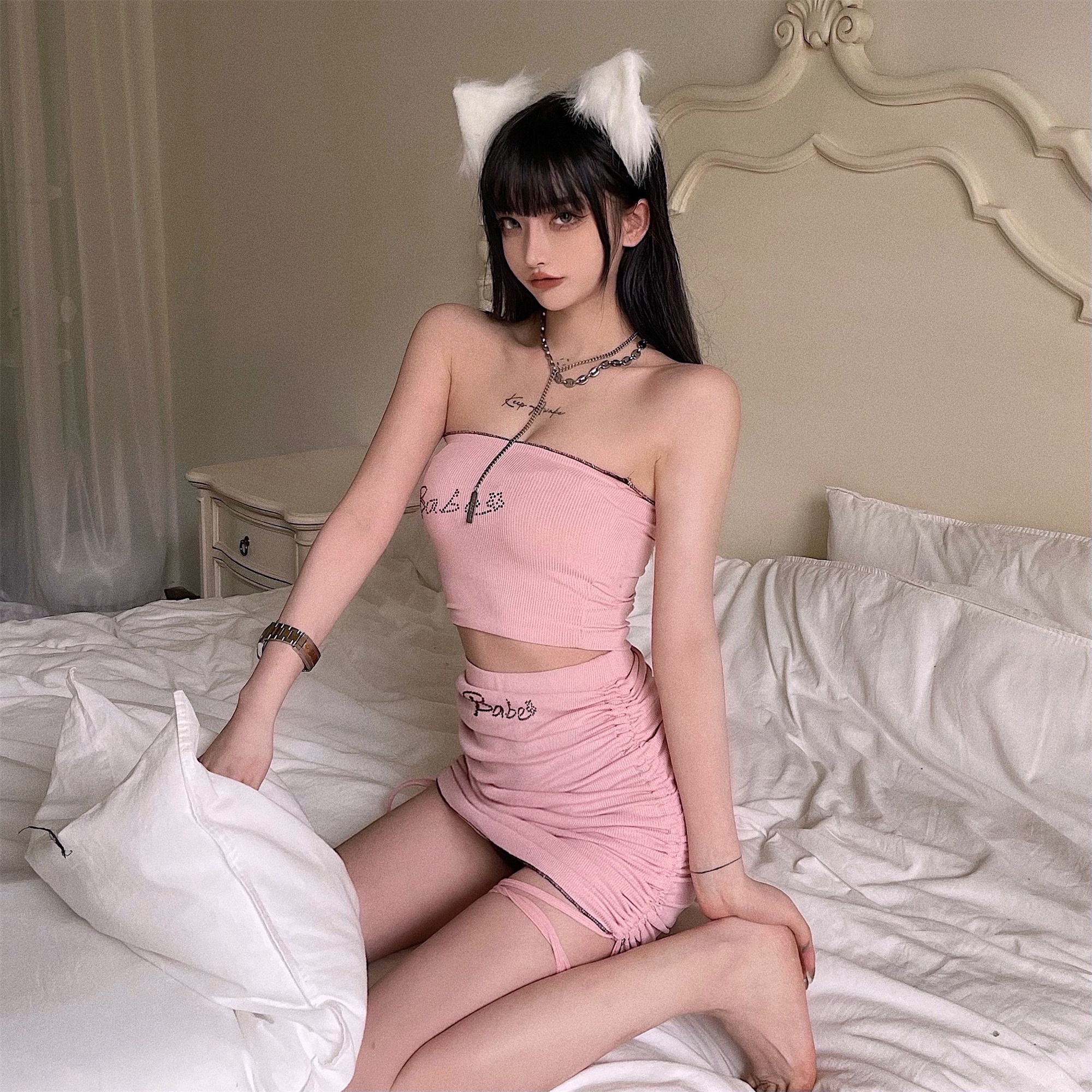 實拍實價 可愛少女字母印花抹胸打底裙小性感內搭兩件套