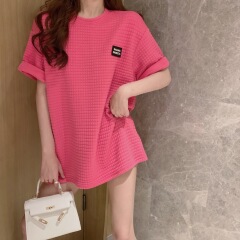 Real price design Short Sleeve T-Shirt women's lazy loose medium length Plaid half sleeve top