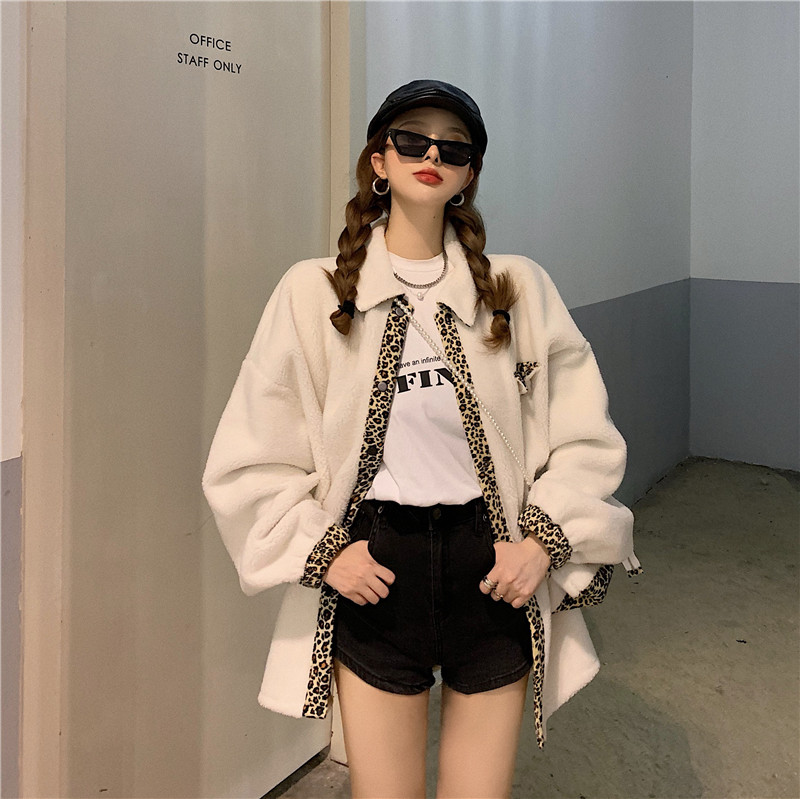 Real price design leopard print Plush coat on both sides women's loose grain Plush jacket