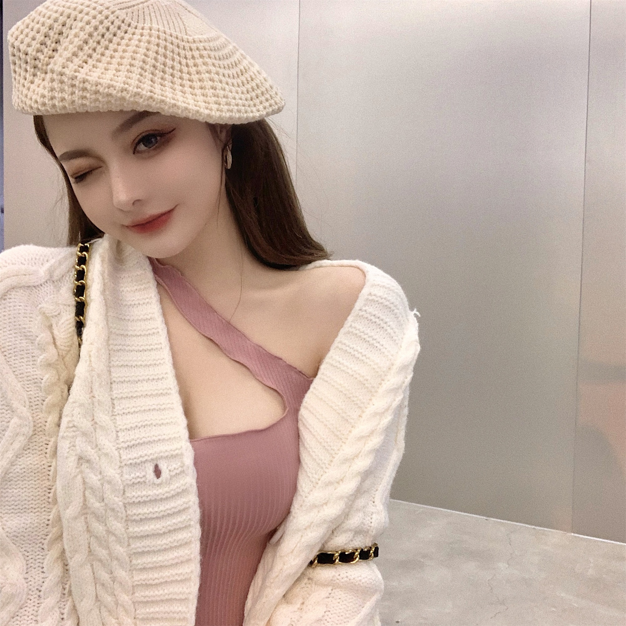 Real price tender sweet loose thin sweater cardigan + slant neck hanging neck vest top