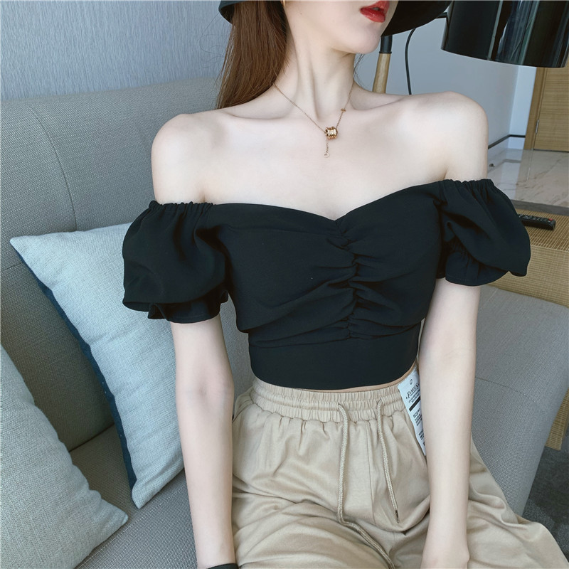 Real price Hepburn style black waist closing bubble sleeve top women's high waist straight tube drawstring Leggings