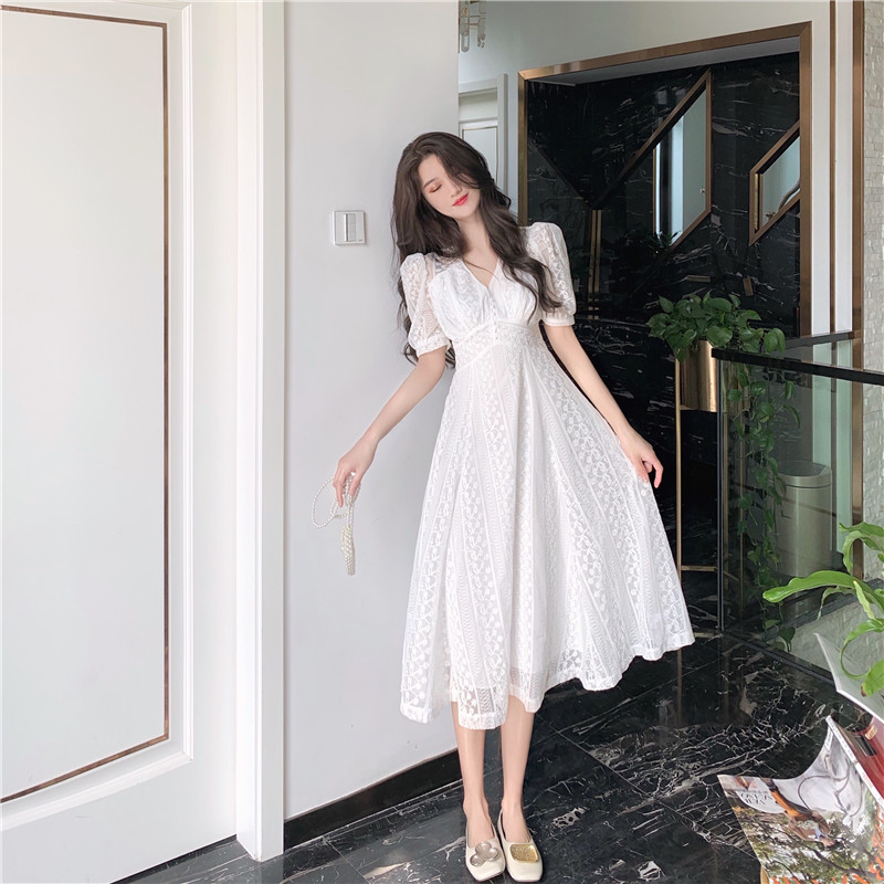 Real Price vintage embroidered dress women's waist shows thin V-neck temperament first love white A-line skirt