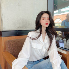 Real photo real price design sense small solid V-neck pocket long sleeve shirt female