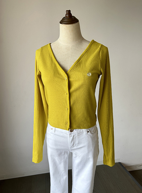 150精选 特价 绣花坑条 黄色纽扣V领长袖针织开衫女 常规款春秋款