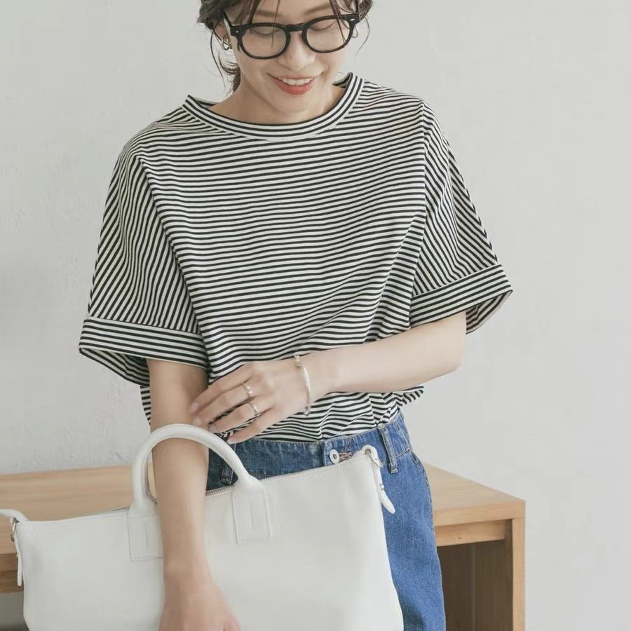 2025夏款100%棉条纹长绒棉T恤