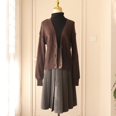极简风V领羊毛针织开衫女收腰