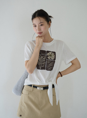 【OF】设计感钉珠不规则绑带印花短袖t恤女夏韩系显瘦上衣11308