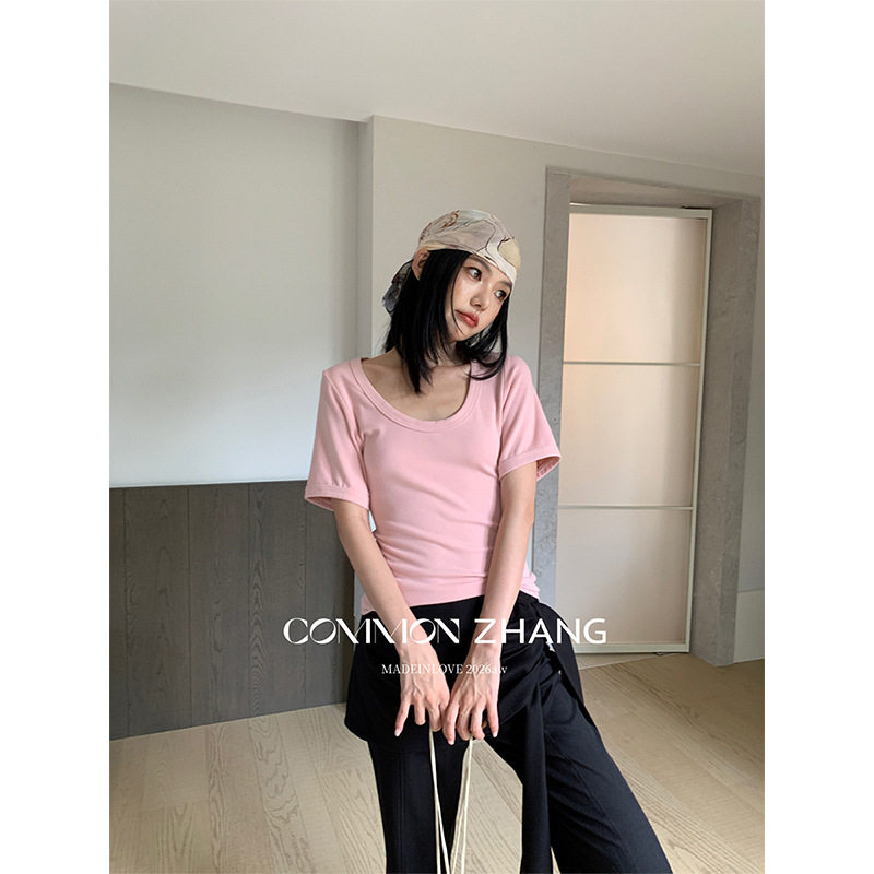 攸吉CZ ZHANG早秋糖果色U领正肩修身短袖T恤女高弹亲肤打底C30466